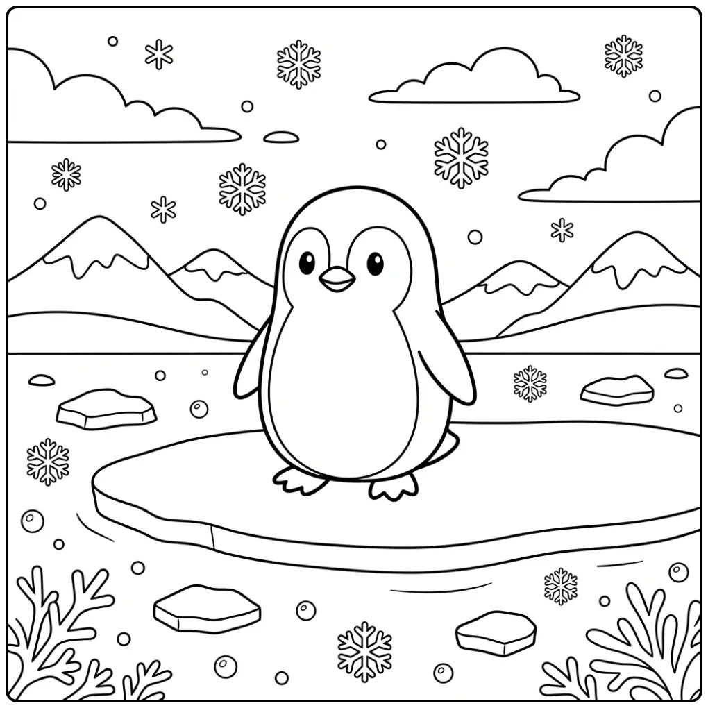 Schattige kleurplaat pinguin op een ijsrots met sneeuwvlokken.
