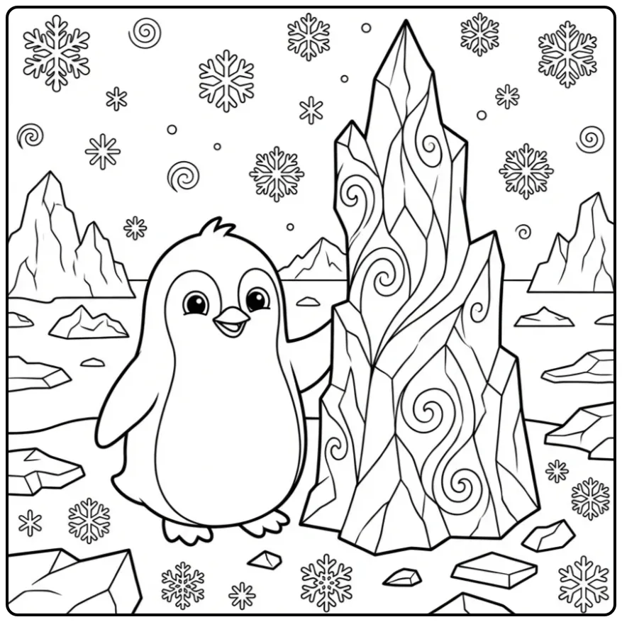 Schattige kleurplaat pinguin naast een hoge ijspilaar.
