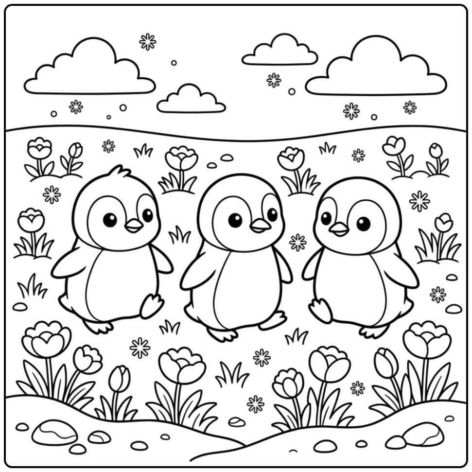 Schattige kleurplaat pinguin met drie kuikens en bloemen.