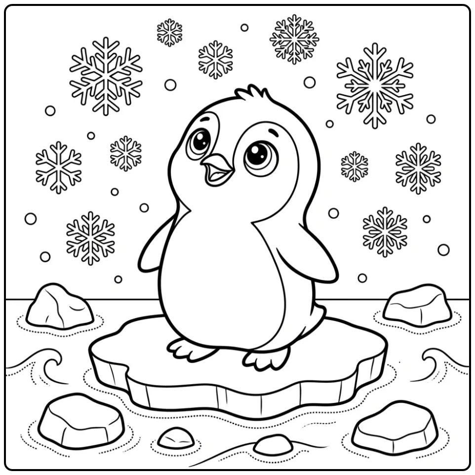 Kleine kleurplaat pinguin kijkt naar sneeuwvlokken.