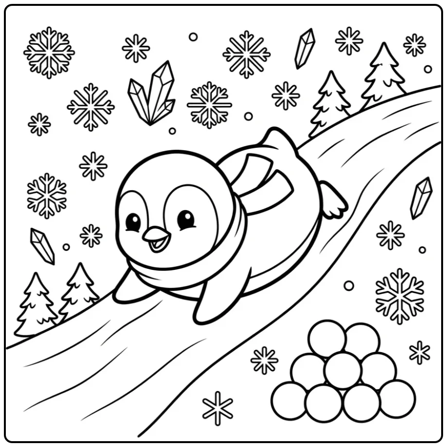 Schattige kleurplaat pinguin glijdt op zijn buik in de sneeuw
