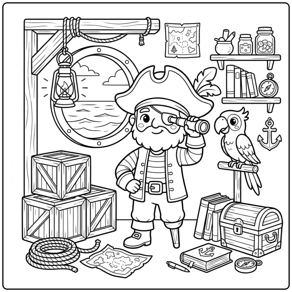 Avontuurlijke kleurplaat piraat met papegaai en verrekijker.