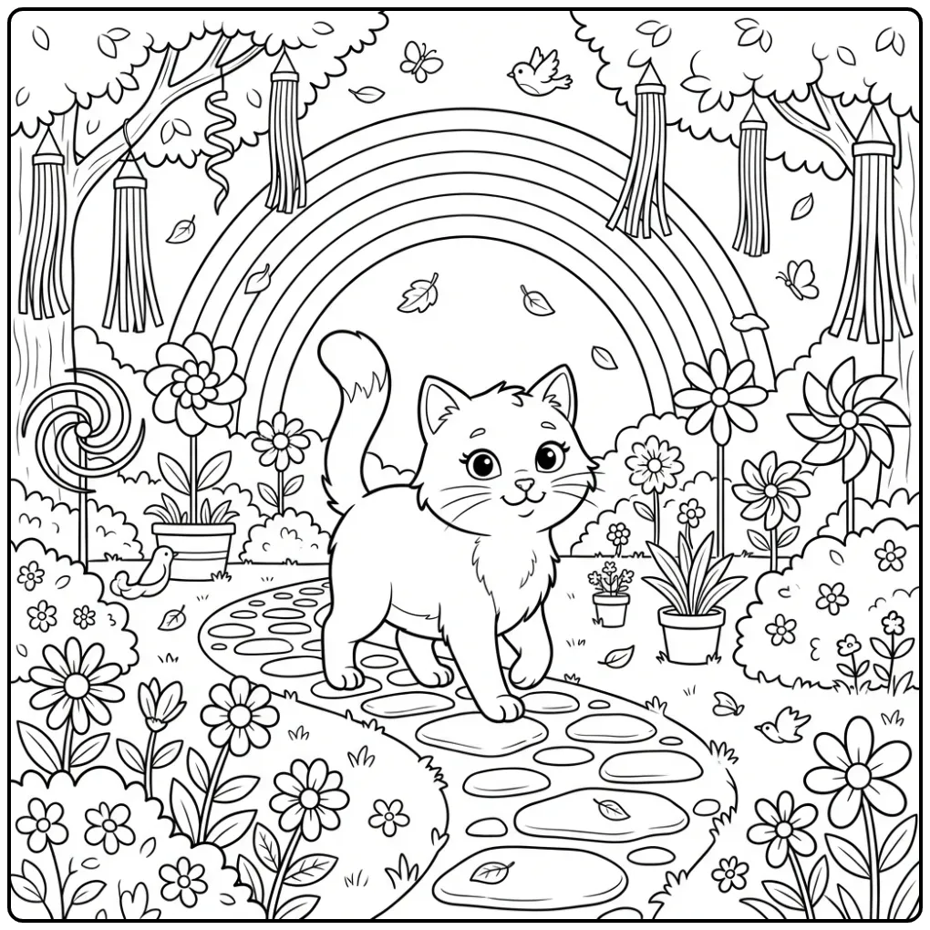 Schattige kleurplaat poes regenboog wandelend in de tuin.