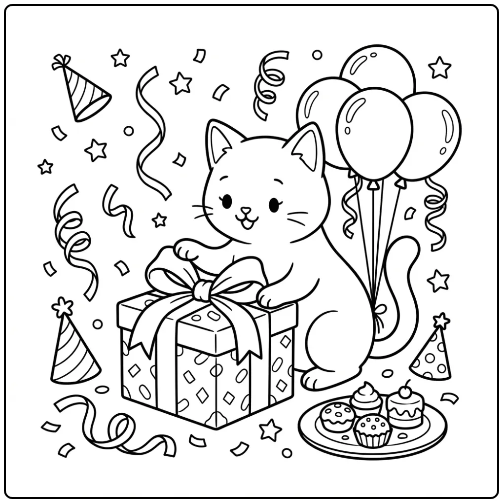 Schattige kleurplaat poes verjaardag met cadeau en ballonnen