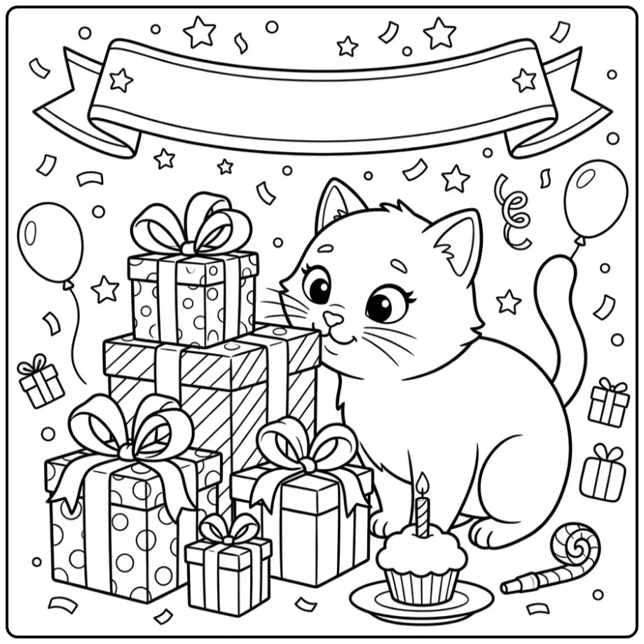 Schattige kleurplaat poes verjaardag met cadeaus en een taartje