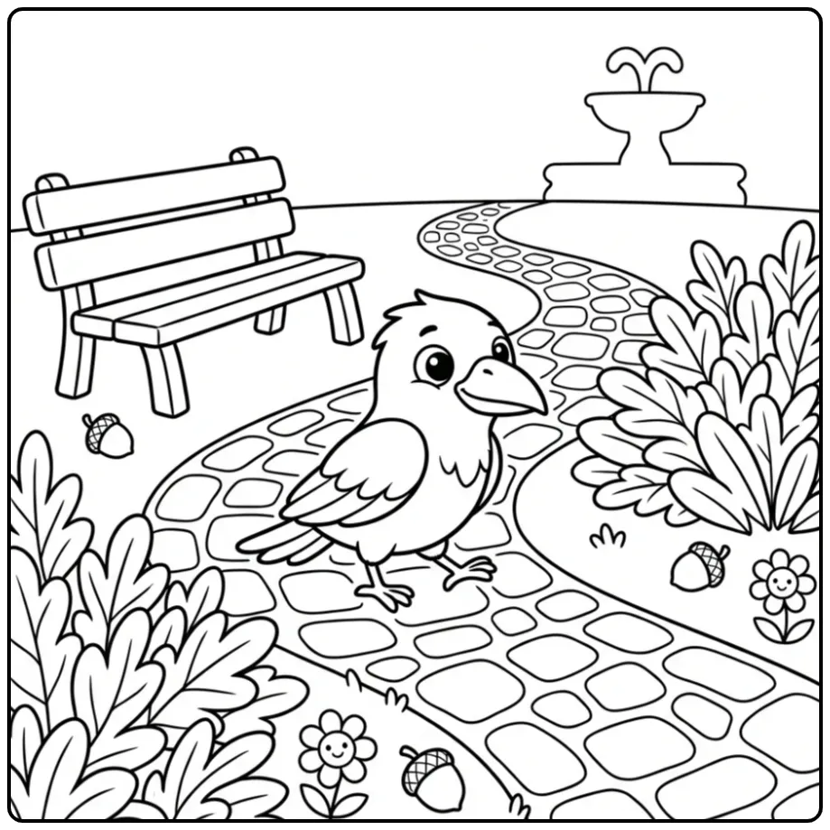 Schattige kleurplaat raaf wandelt in een bloementuin.