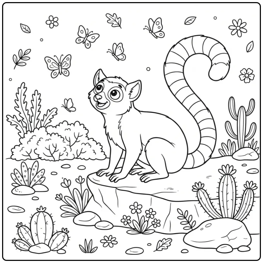 Schattige kleurplaat ringstaartmaki op een rots met vlinders.