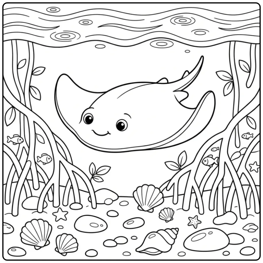 Een schattige kleurplaat rog zwemmend bij mangrovewortels.