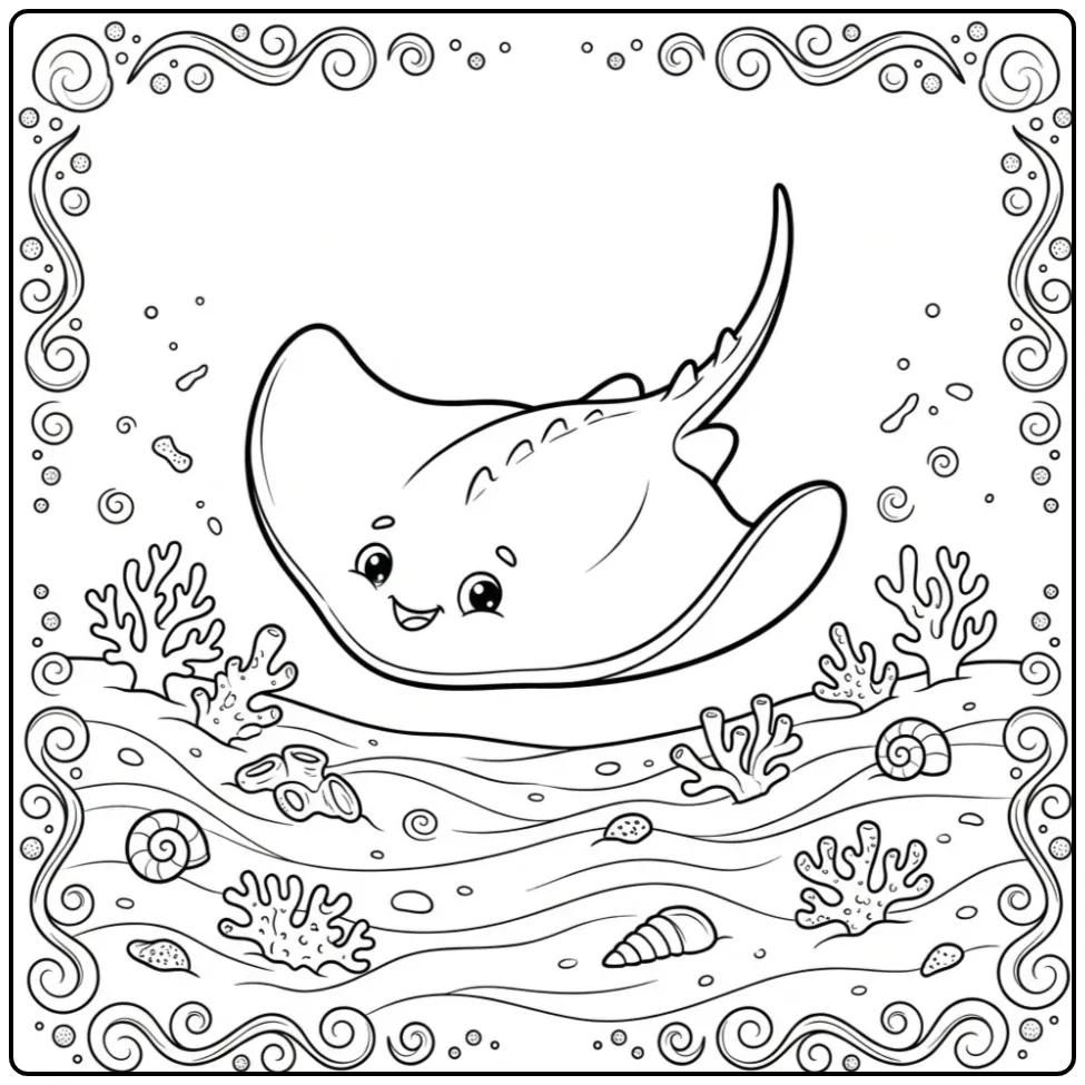Een schattige kleurplaat rog zwemmend over schelpen.