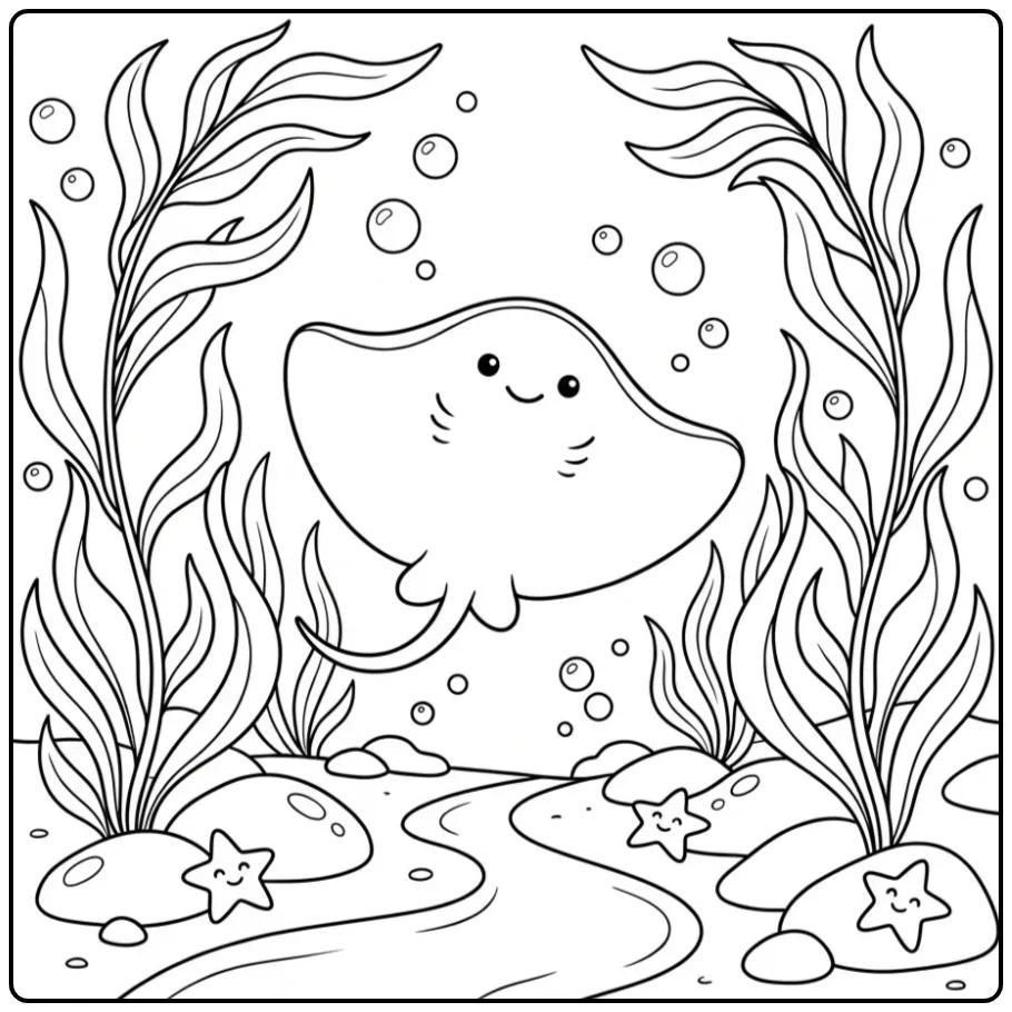 Een schattige kleurplaat rog zwemmend tussen het zeewier.