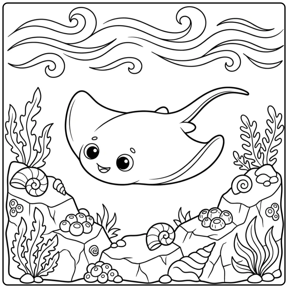 Schattige kleurplaat rog zwemmend bij rotsen en schelpen