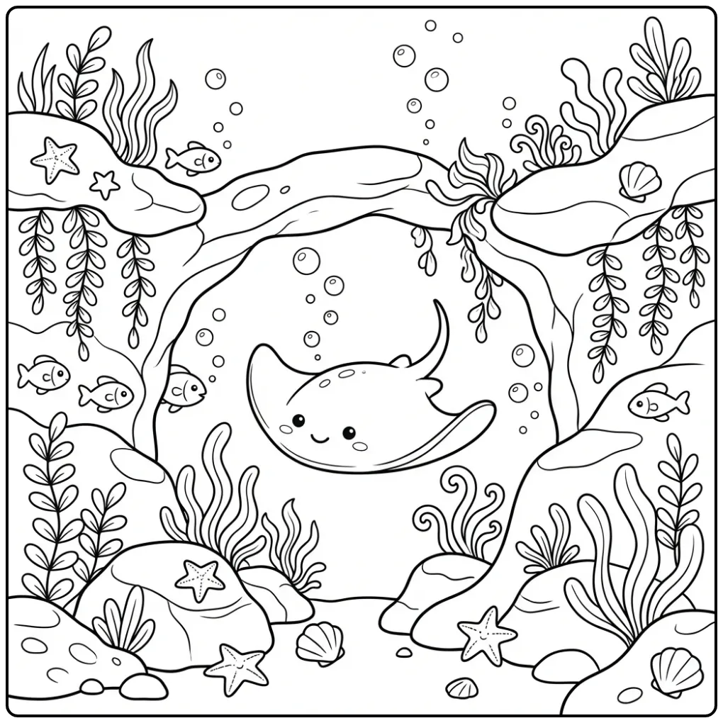 Een schattige kleurplaat rog zwemmend bij een zeegrot.