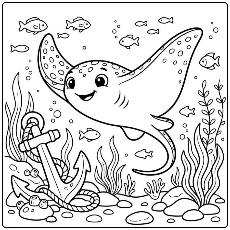 Een schattige kleurplaat rog bij een anker en zeegras.