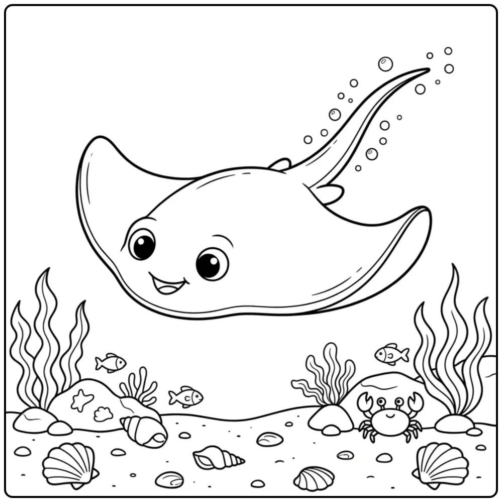 Een schattige kleurplaat rog zwemmend boven schelpen.