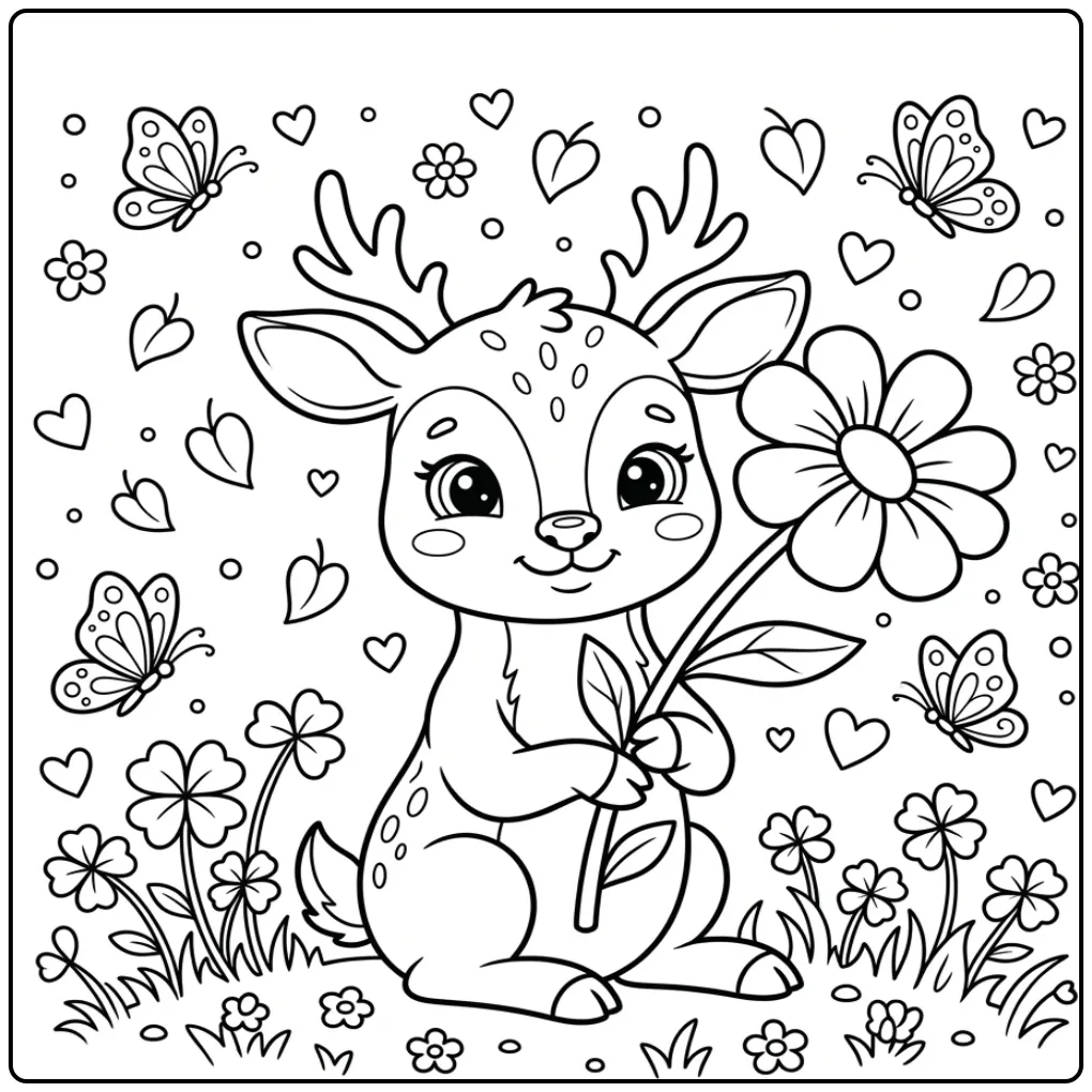 Leuke kleurplaat schattig hertje met een grote bloem.