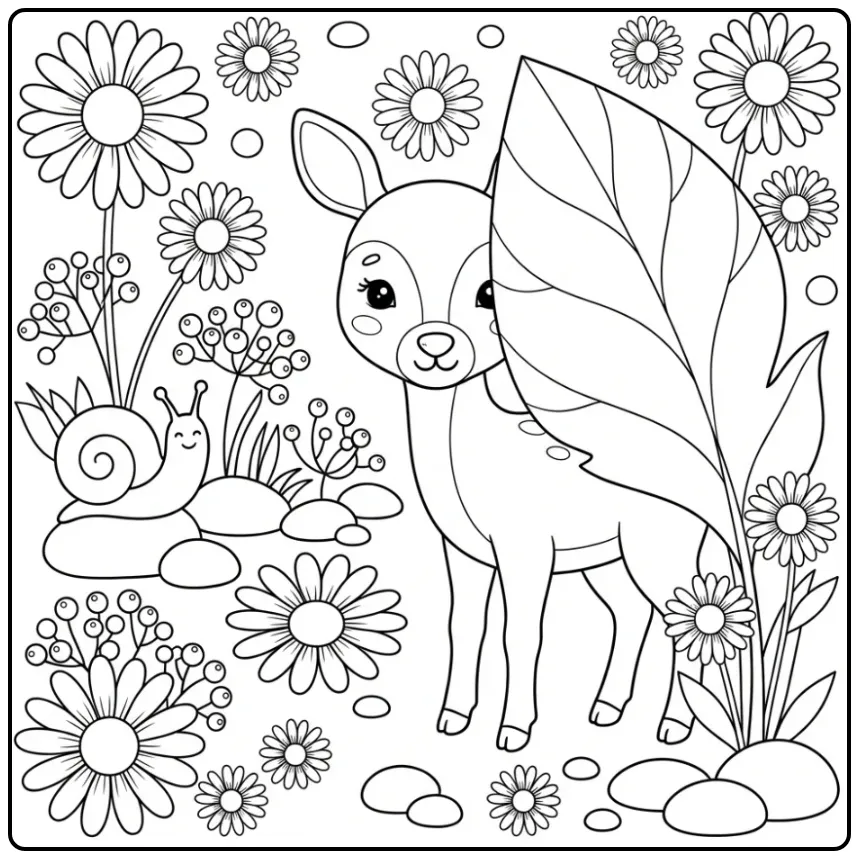 Een kleurplaat schattig hertje achter een blad met bloemen.