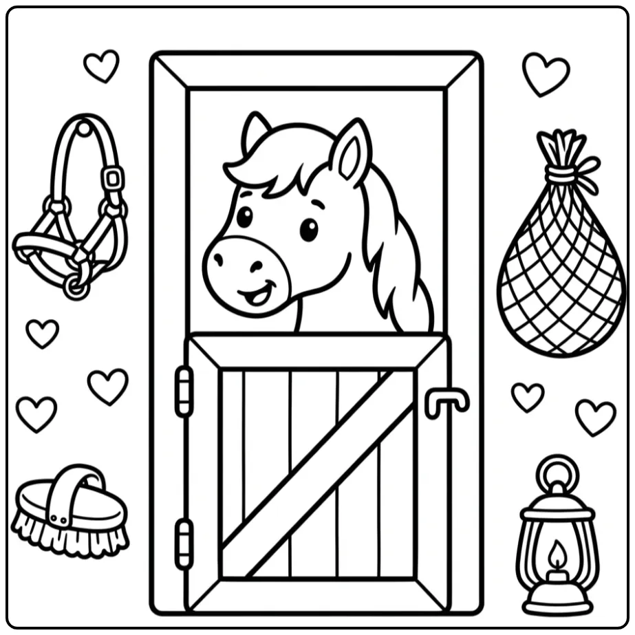 Kleurplaat schattig paard kijkt blij uit de staldeur.