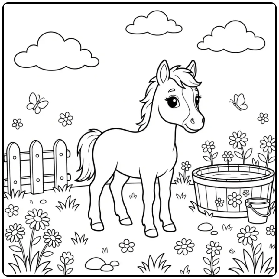 Kleurplaat schattig paard: veulen bij een hek en waterbak.