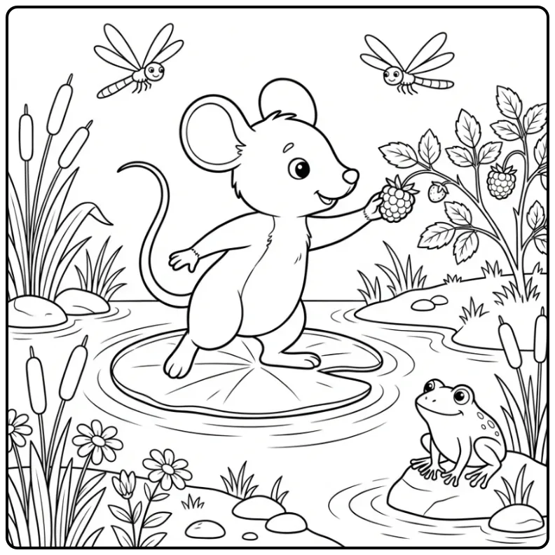 Kleurplaat schattige muis op een lelieblad bij de vijver.