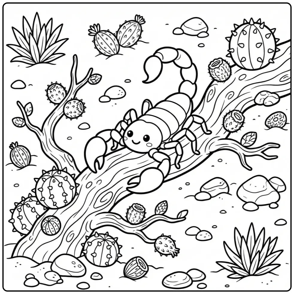 Cartoon kleurplaat schorpioen klimmend op een woestijntak.