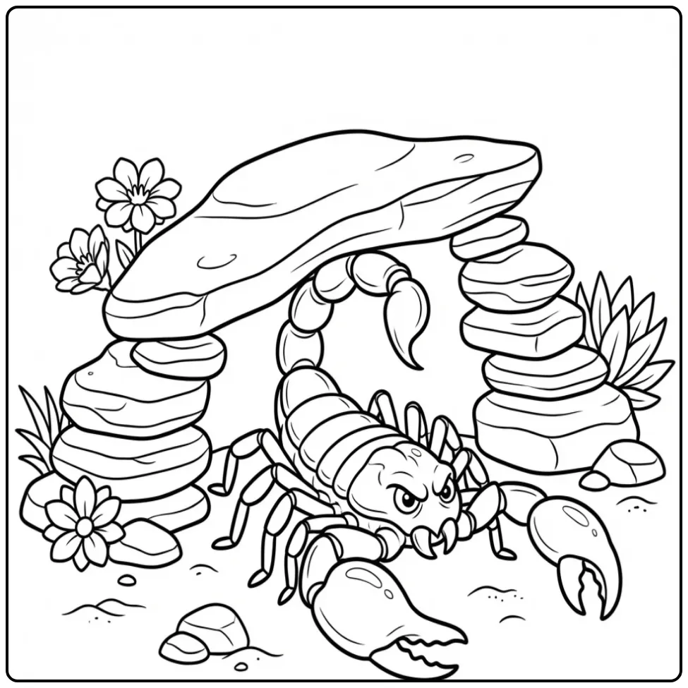 Een schattige kleurplaat schorpioen onder een platte rots.