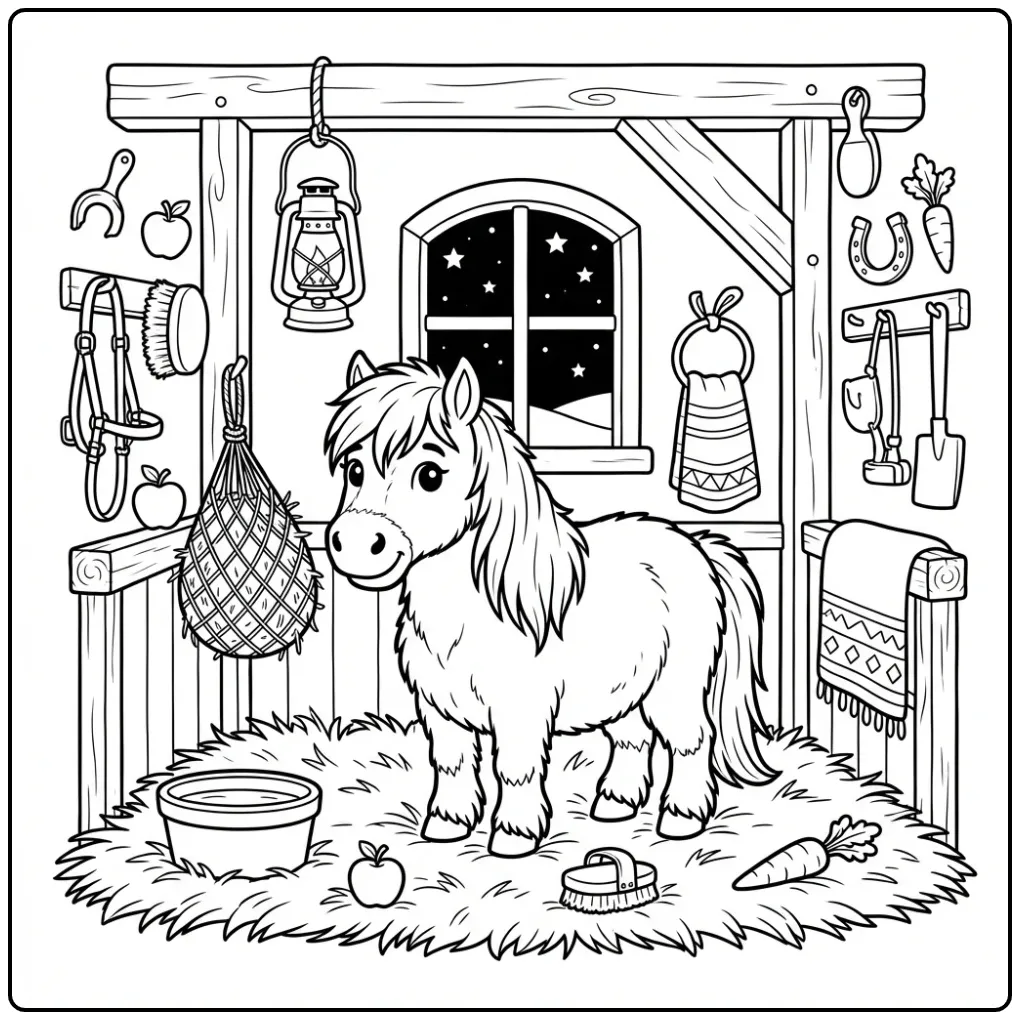 Schattige kleurplaat shetlander in een stal vol stro.