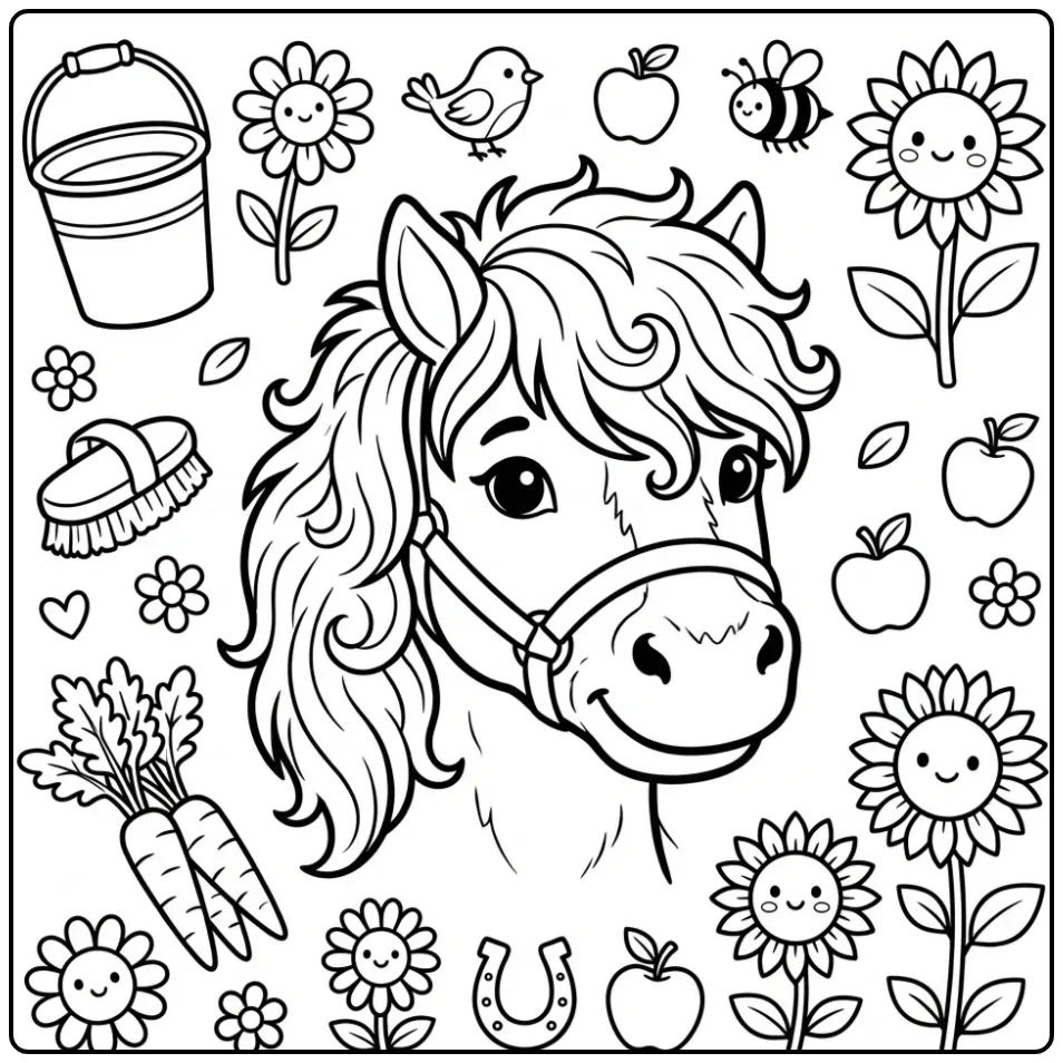 Schattige kleurplaat shetlander met halster en wortels.