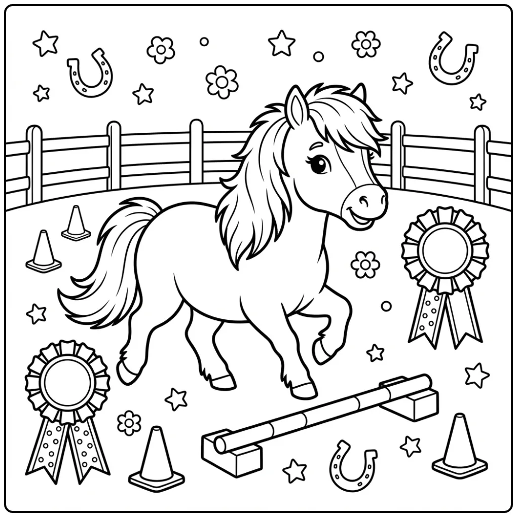 Een schattige kleurplaat shetlander die draaft bij hindernissen.