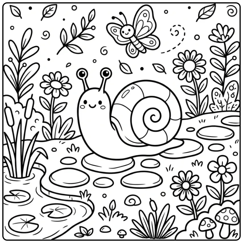 Schattige kleurplaat slak op stapstenen in een tuin.