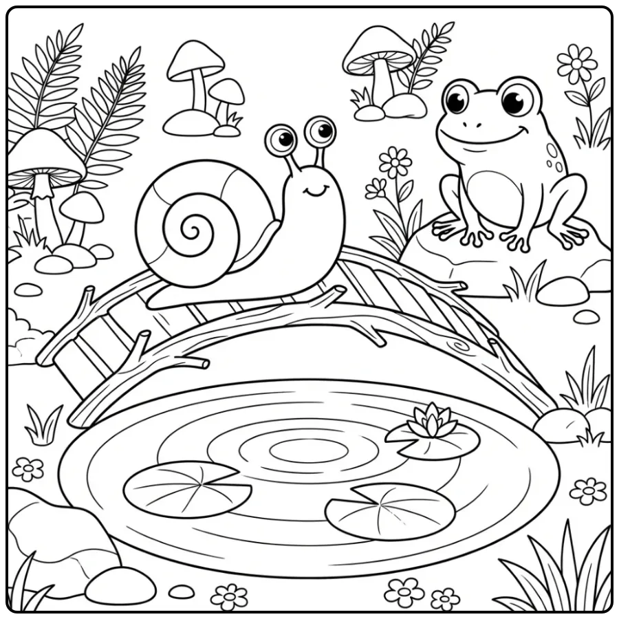 Schattige kleurplaat slak op takkenbrug met een kikker.