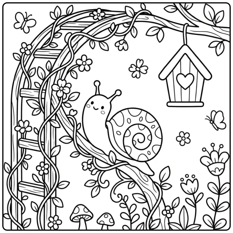 Een schattige kleurplaat slak op een wijnstok met bloemen.