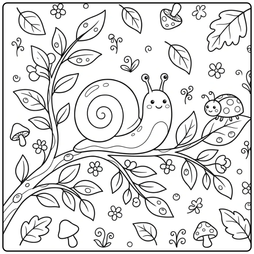 Kleurplaat slak op een tak met bloemen en druppels.