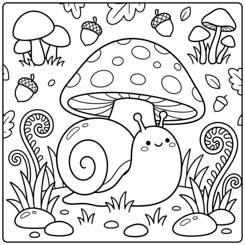 Een schattige kleurplaat slak achter een grote paddenstoel.