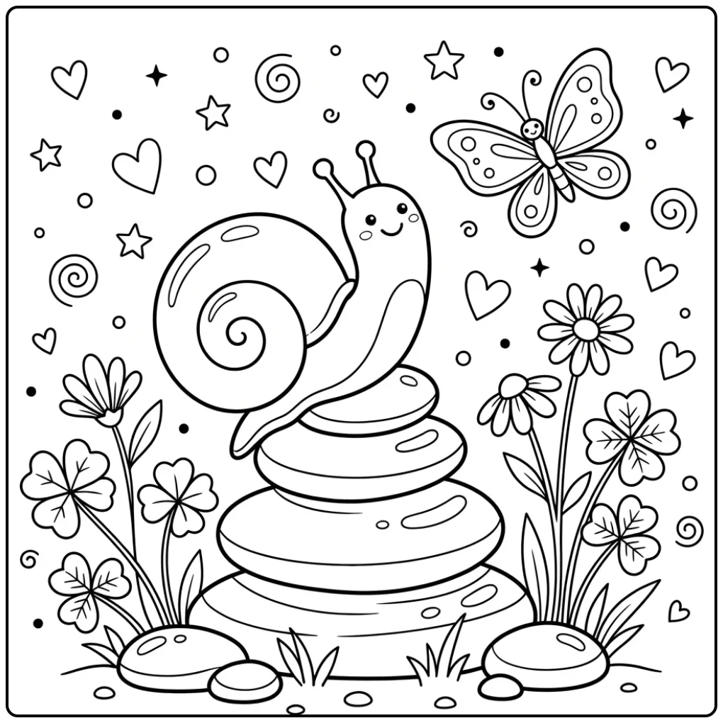 Leuke kleurplaat slak klimt op stenen tussen de bloemen.