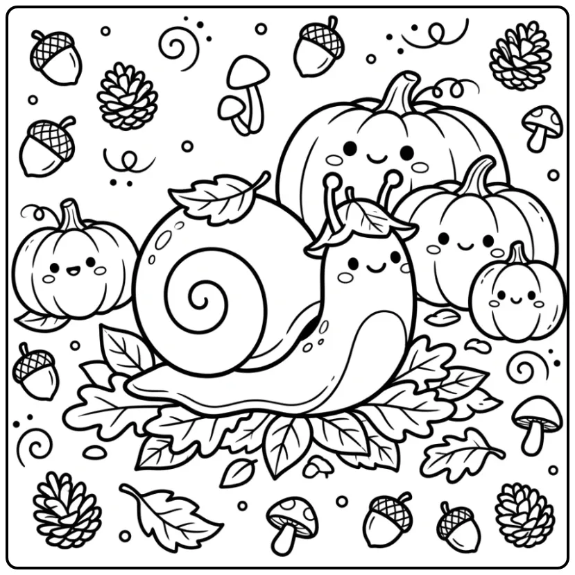 Herfst kleurplaat slak met bladhoedje en pompoenen.