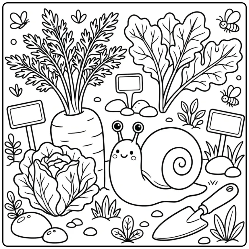 Schattige kleurplaat slak kruipt langs een grote wortel.