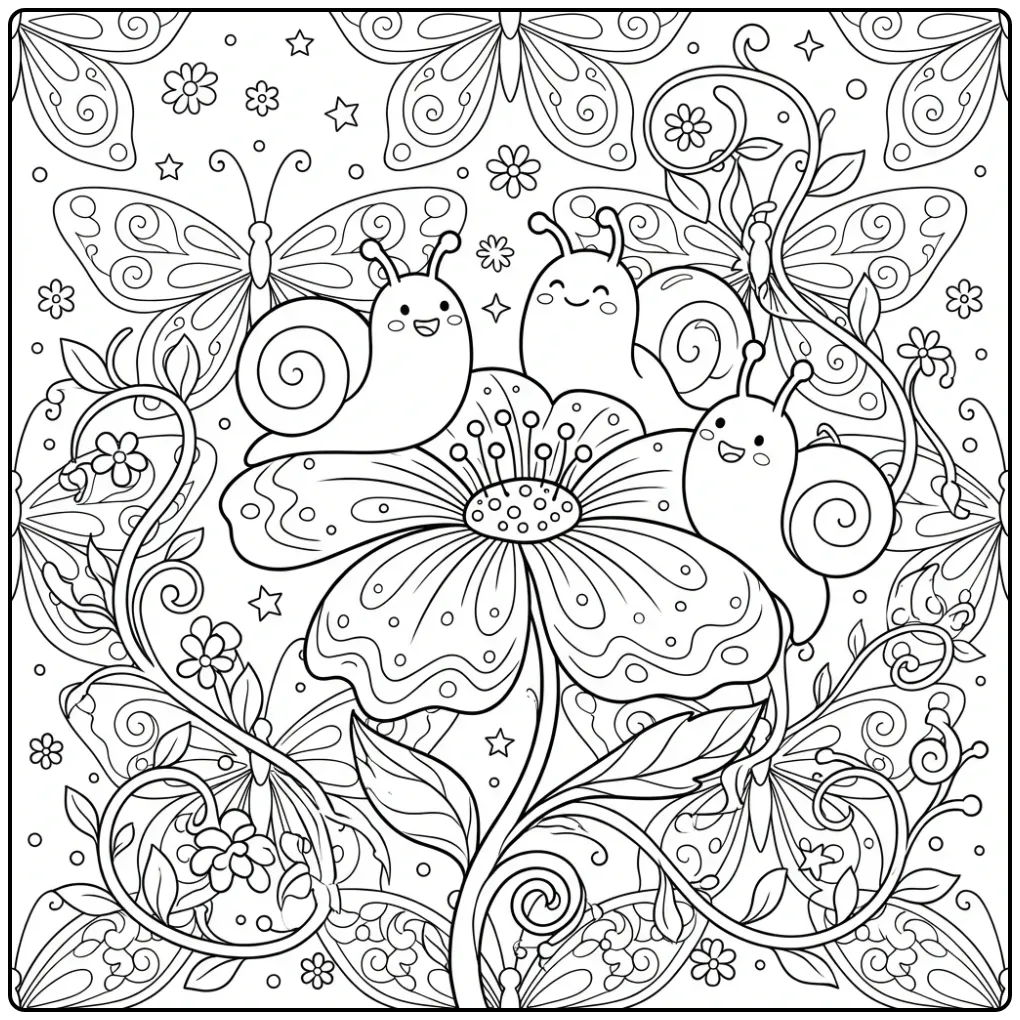 Schattige kleurplaat slak met vriendjes bij een grote bloem.