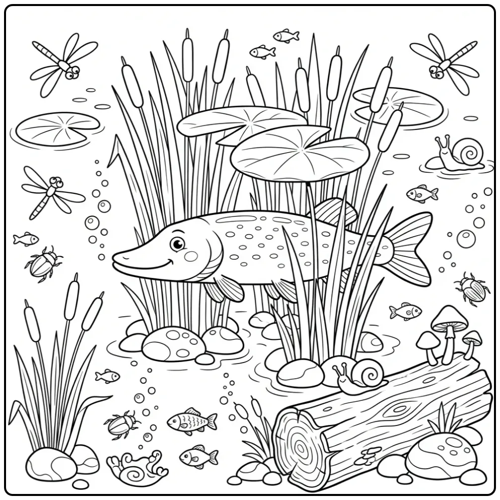 Schattige kleurplaat snoek tussen riet en waterlelies.