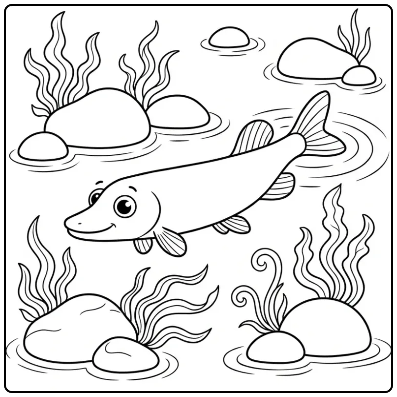 Schattige kleurplaat snoek zwemmend langs stenen en plantjes.