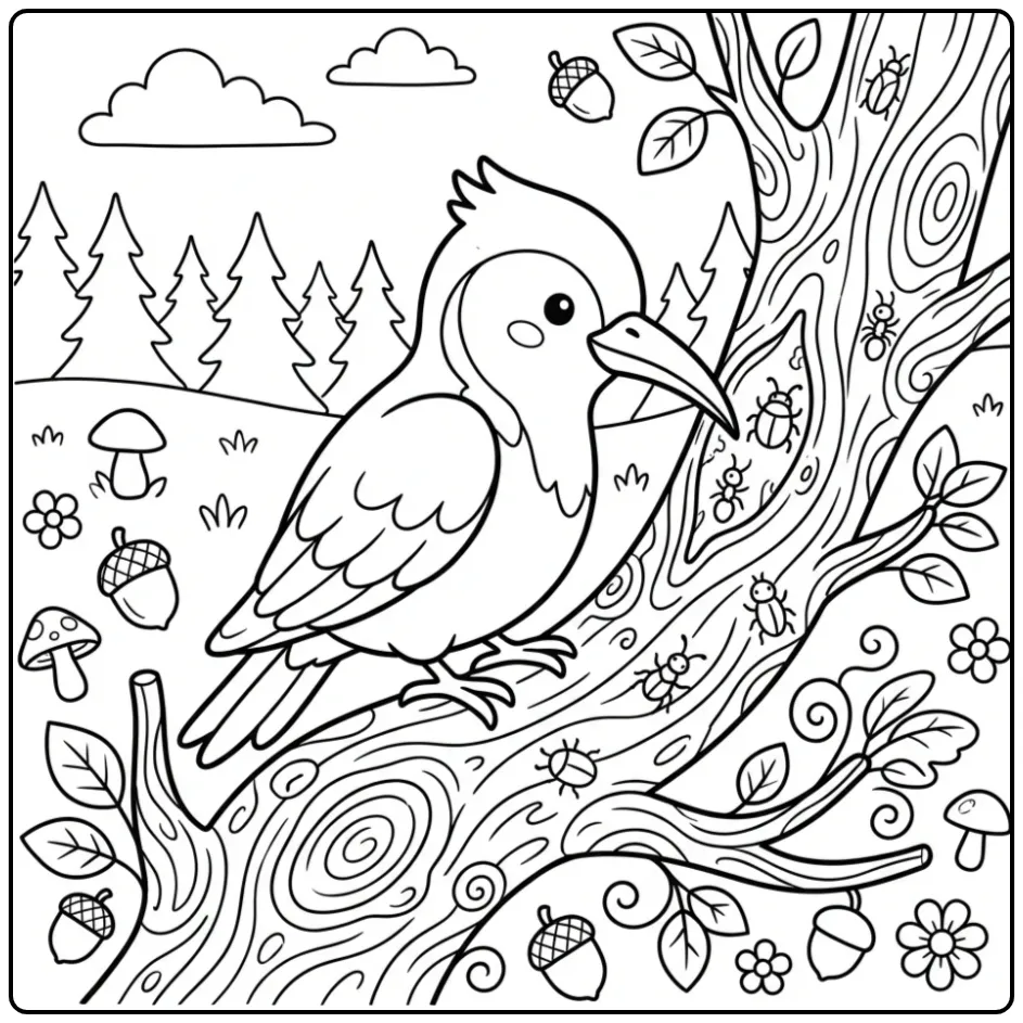 Schattige kleurplaat specht op een dikke boomtak in het bos.