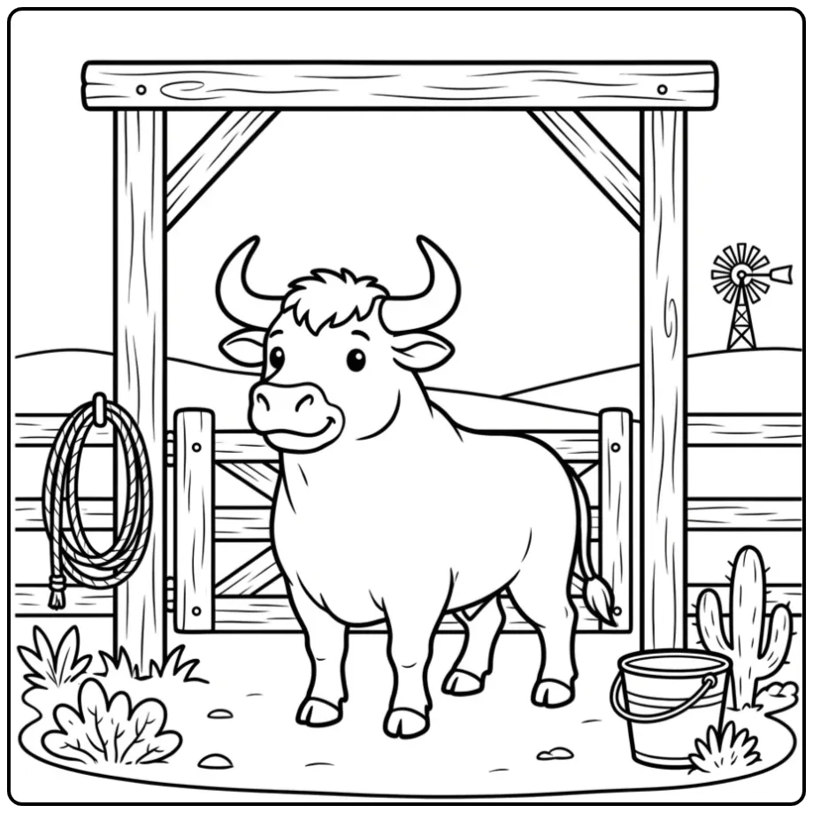 Schattige kleurplaat stier staand in een boerderij corral.