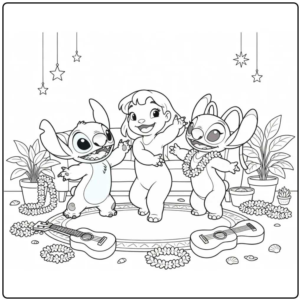 Leuke kleurplaat stitch en angel en lilo die hula dansen.