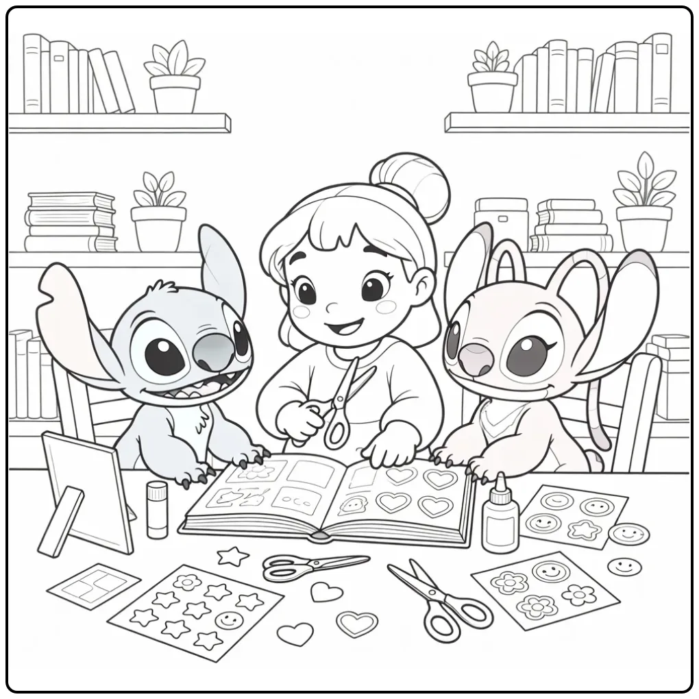 Knutselende kleurplaat stitch en angel en lilo met plakboek