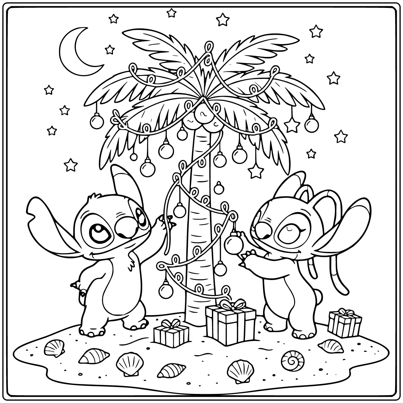 Tropische kerst kleurplaat stitch en angel bij een palmboom