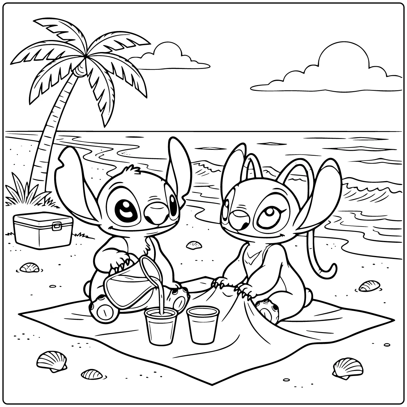 Zomerse kleurplaat stitch en angel picknicken op het strand.