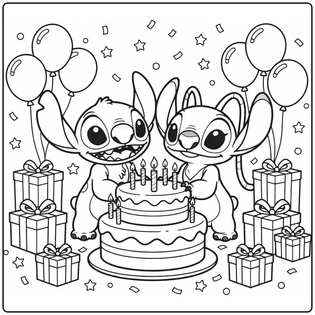 Leuke kleurplaat stitch en angel verjaardag met ballonnen