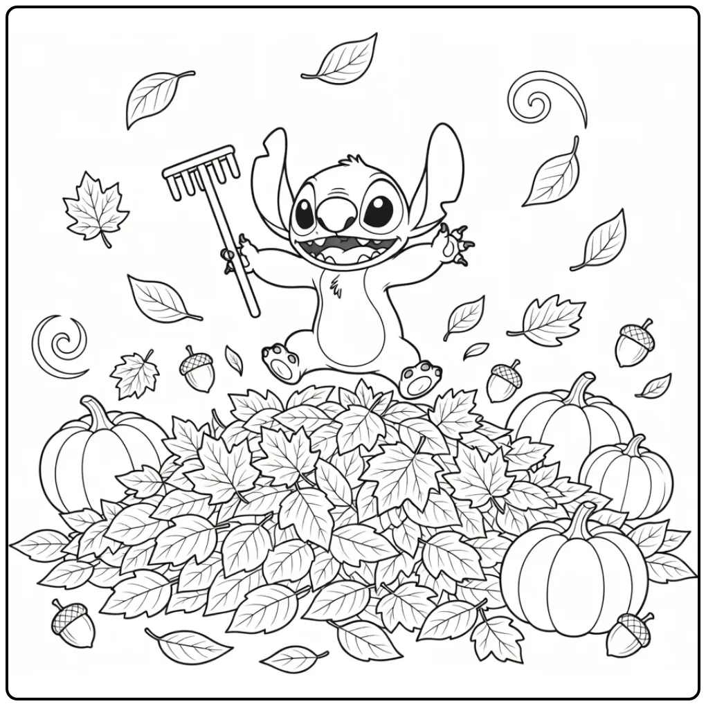 Een leuke kleurplaat stitch herfst springend in de bladeren.