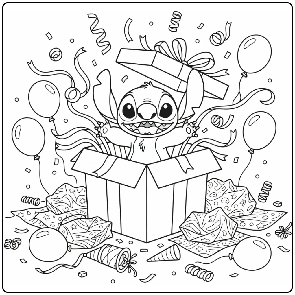 Leuke kleurplaat stitch verjaardag met grote verrassing