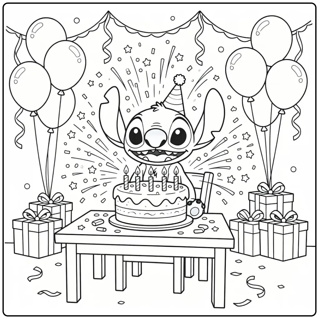 Leuke kleurplaat stitch verjaardag met taart en confetti.