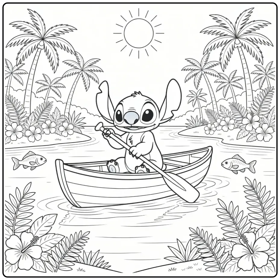 Stitch peddelt in een kano op deze kleurplaat stitch zomer.